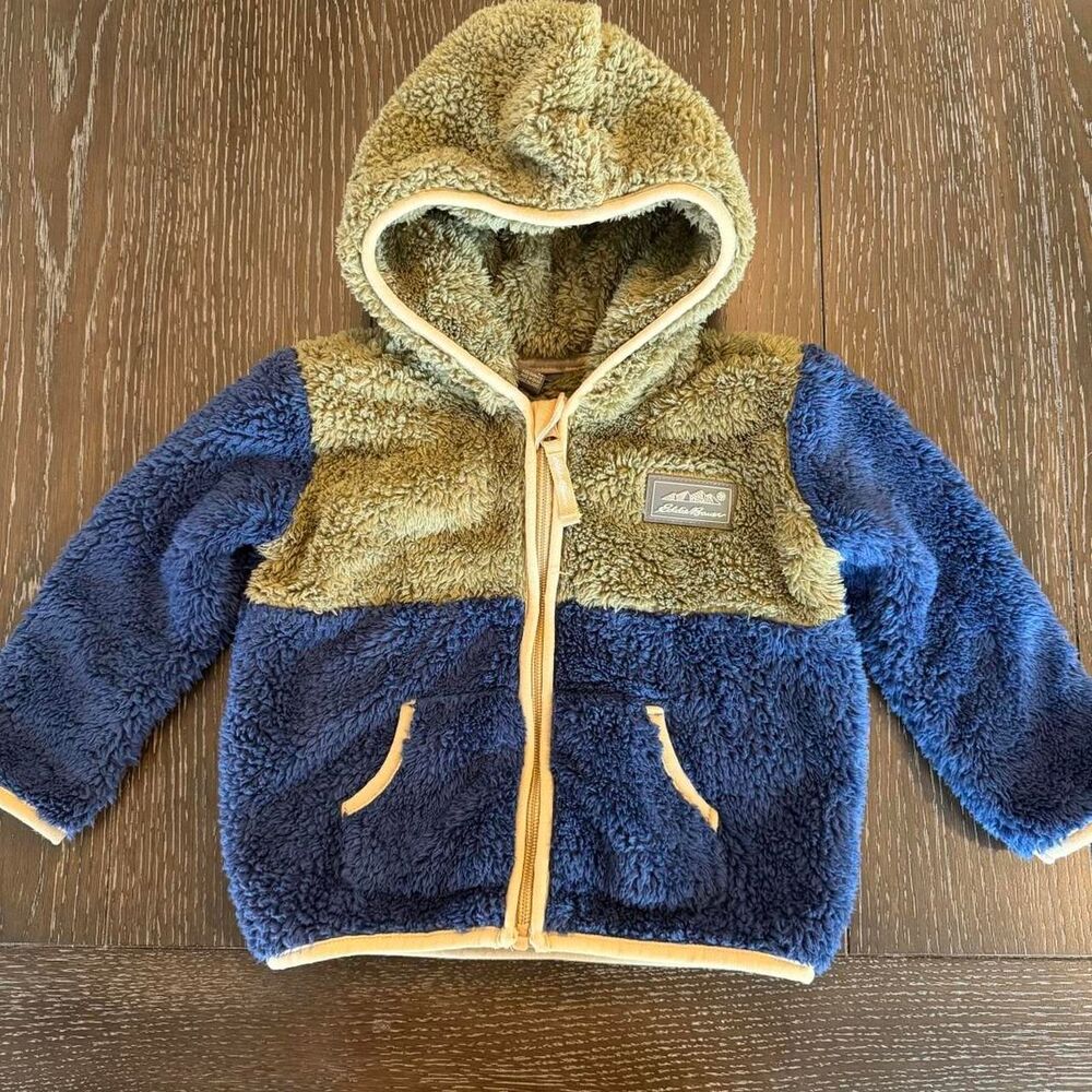Toddler Boy 2T Eddie Bauer Fuzzy Zip Up Jacket w/ Hood Blue & Green